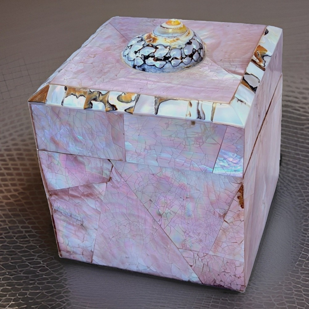 VTG Gumps San Francisco Jewelry Box Pen Shell Tiger Regency Vanity Pink Pearl